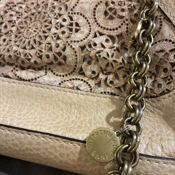Adrienne Vittadini Ivory Leather Cutout Purse Shoulder Bag Gold Chain Link Strap - Picture 2 of 10